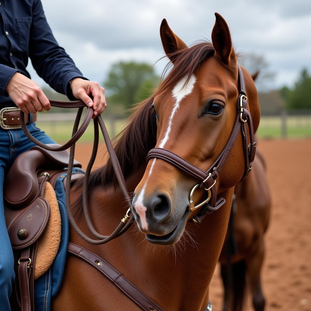 Horse and rider demonstrating the use of split reins during a Western riding session.