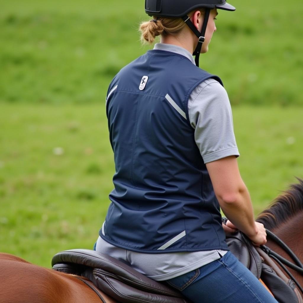 Horse rider wearing a safety vest while riding