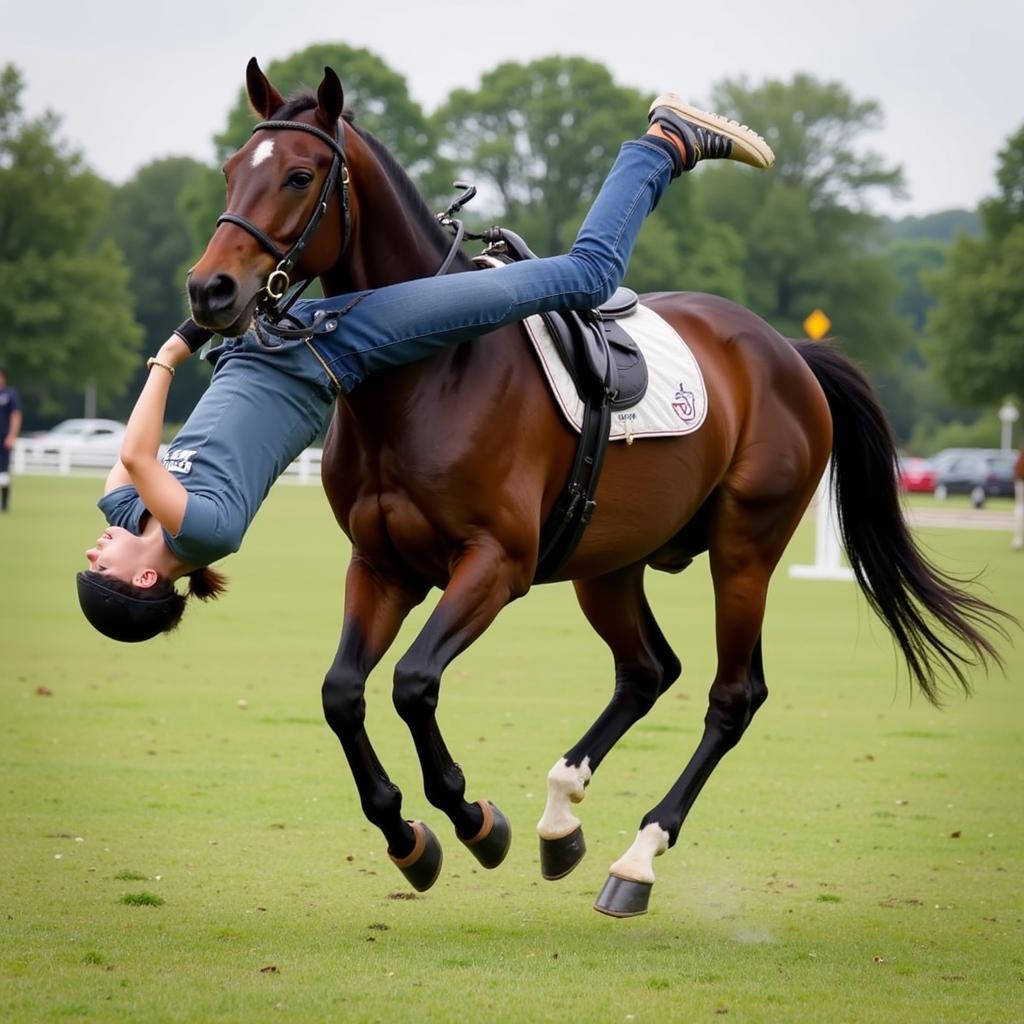 Horse rider falling and potentially hitting their head, highlighting the need for a helmet.