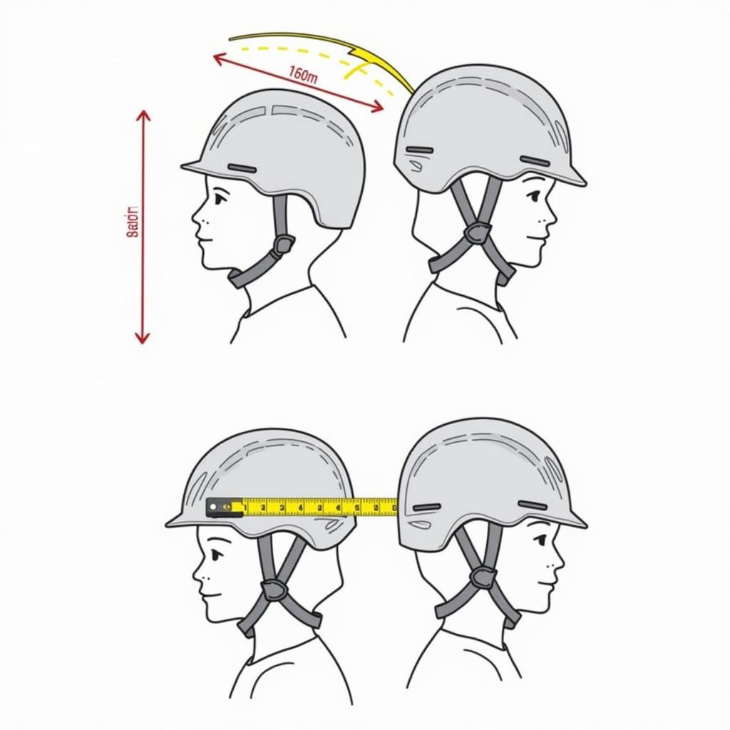 A diagram showing how to measure head size for a horse riding helmet and demonstrating the correct fit of the harness.