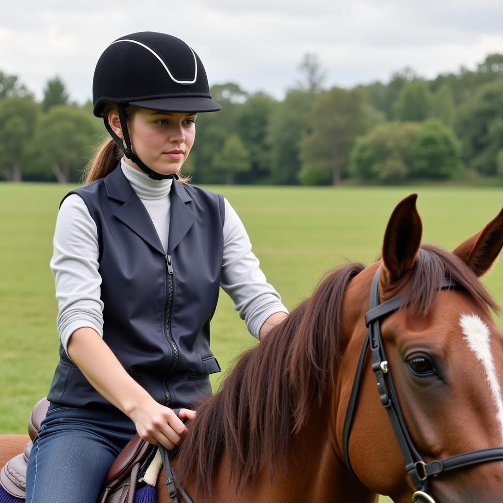 Horse riding helmet for safety, showing a rider wearing a properly fitted helmet while riding. The image highlights the importance of helmets for protection.