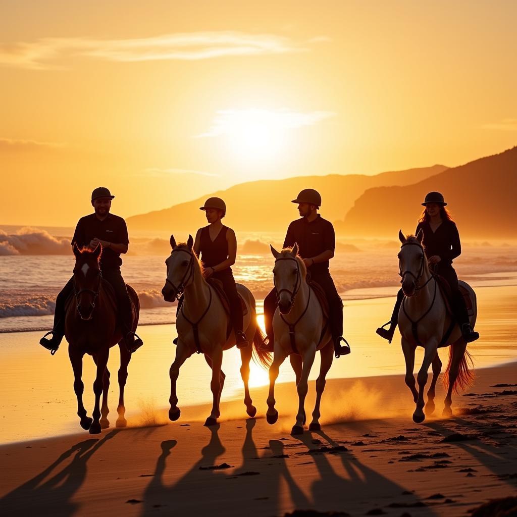 Horseback riding along the beach in Mallorca at sunset