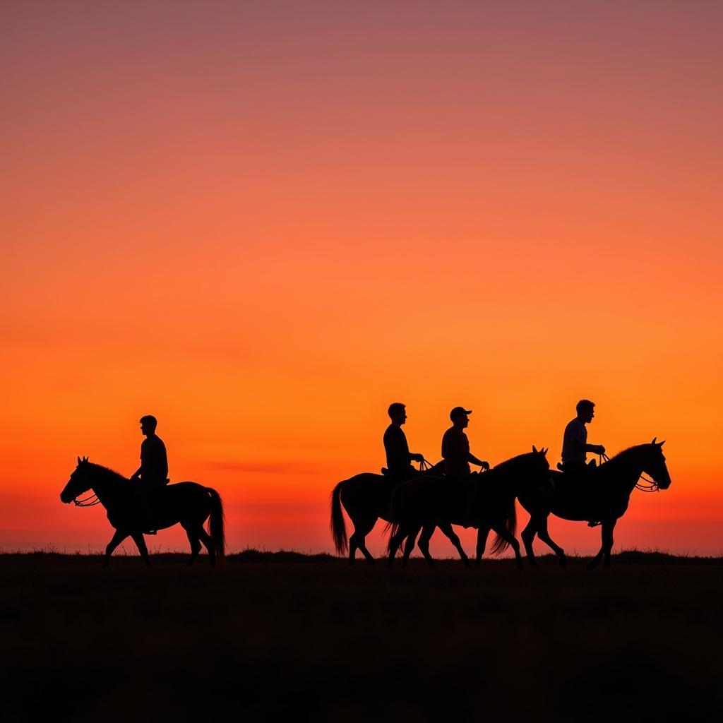 Group of riders enjoying sunset horseback ride in Mallorca