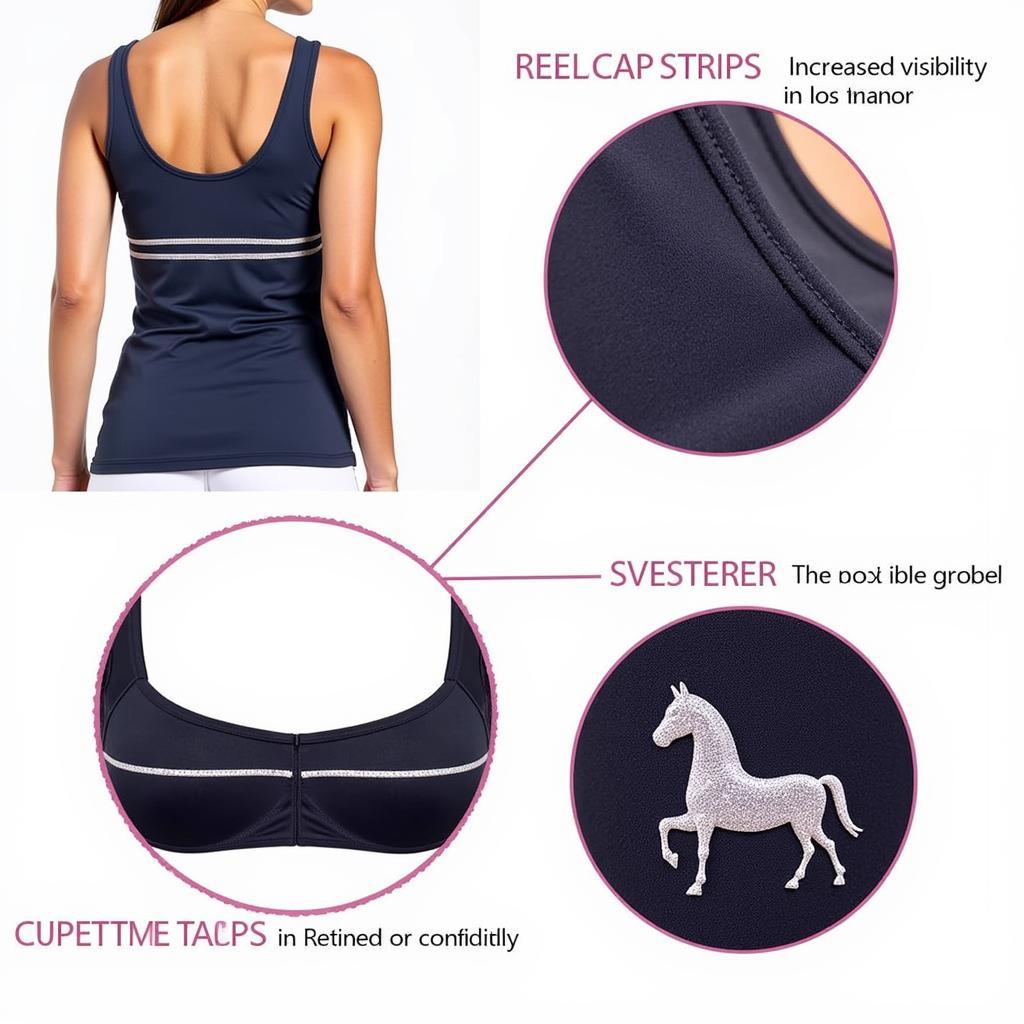 Features of horse riding tank tops: highlighting reflective details, built-in bra, and equestrian-themed prints.