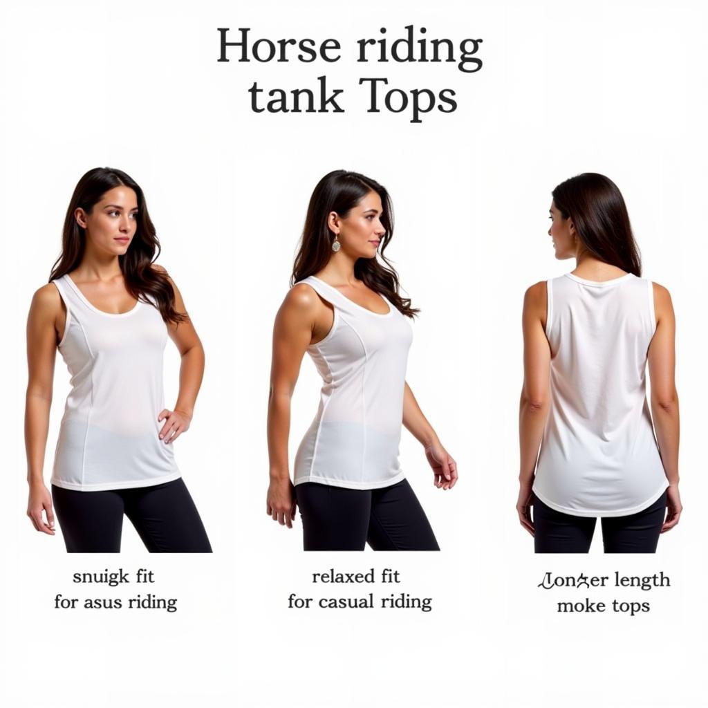 Different fits of horse riding tank tops: showcasing a snug fit, a relaxed fit, and a longer-length tank top.