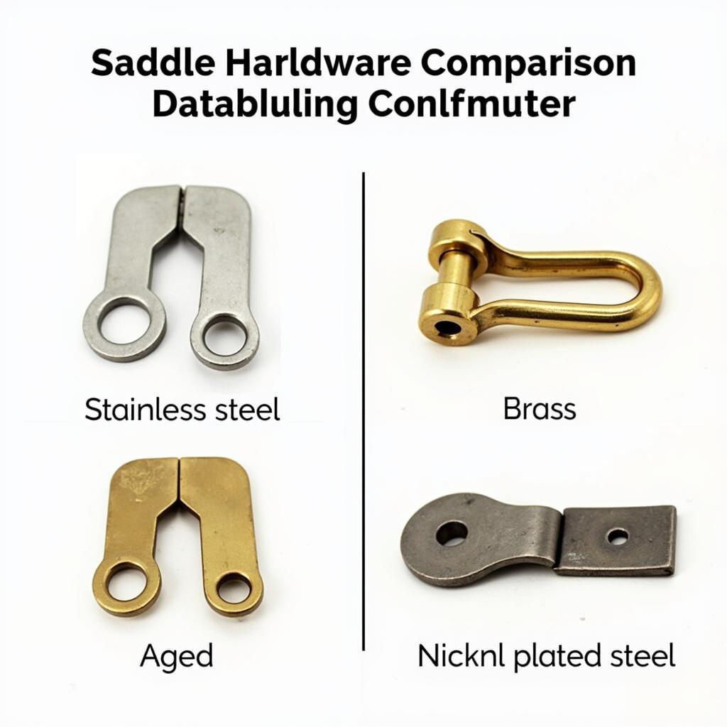 Comparison of different horse saddle hardware materials, including stainless steel, brass, and nickel-plated steel, showcasing their durability and aesthetic qualities.