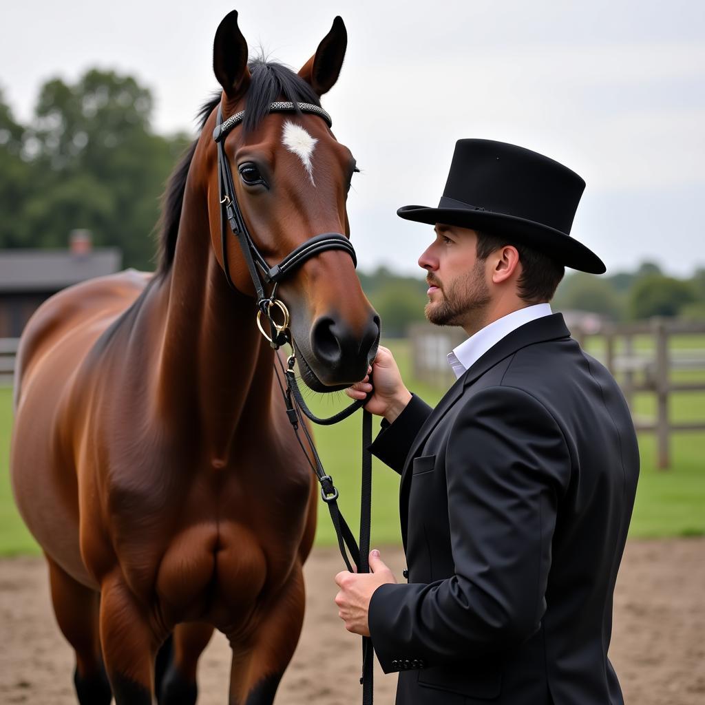 Judge carefully evaluating a horse's conformation at a horse show.