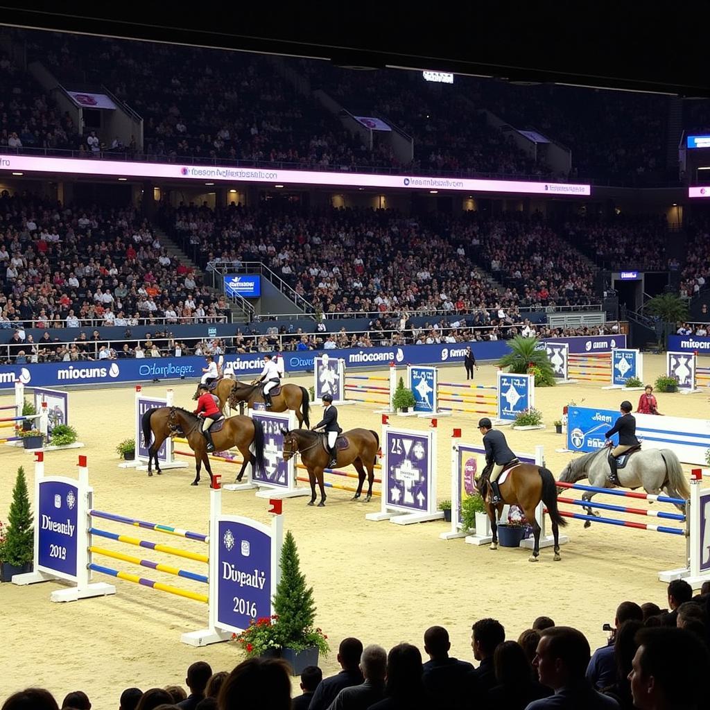 Horses and riders competing in a show jumping competition