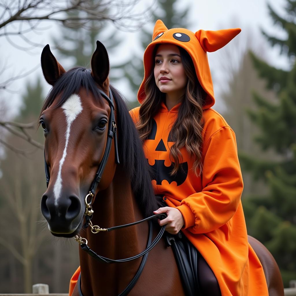 Horse and rider wearing a costume safely at a Halloween show.