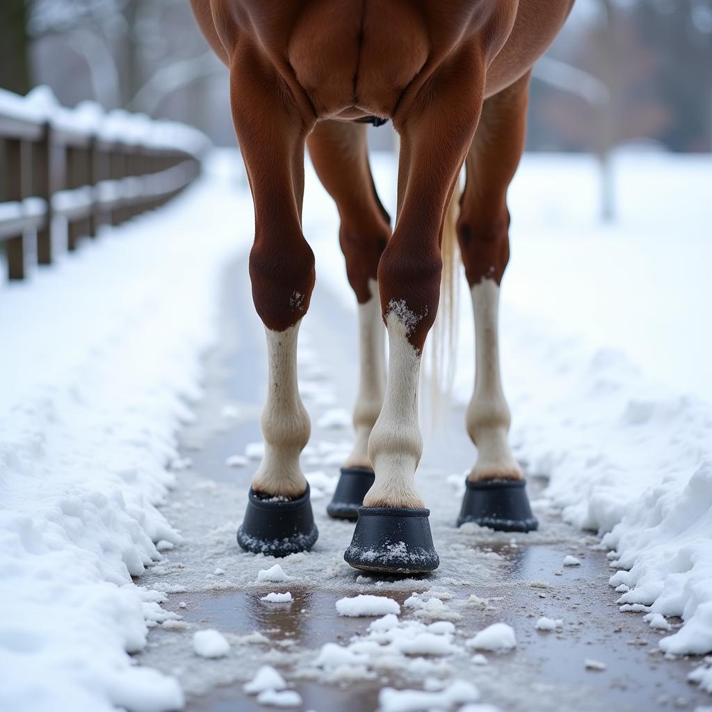 Horse wearing snow pads navigating icy conditions