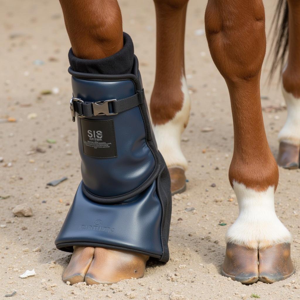 Horse soaking boots being used on a horse with a hoof abscess