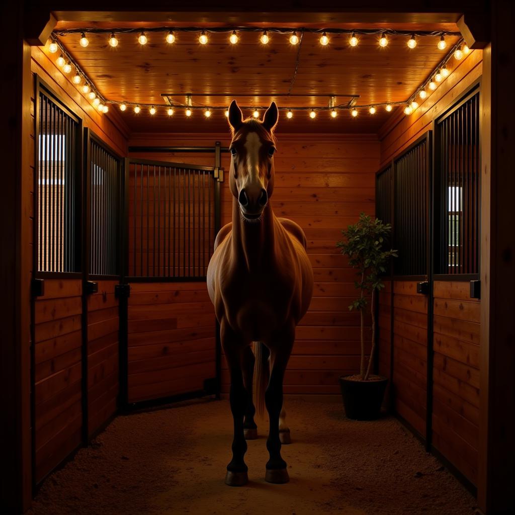 Horse Stall Christmas Lights: Battery-operated LED lights decorate a horse stall.