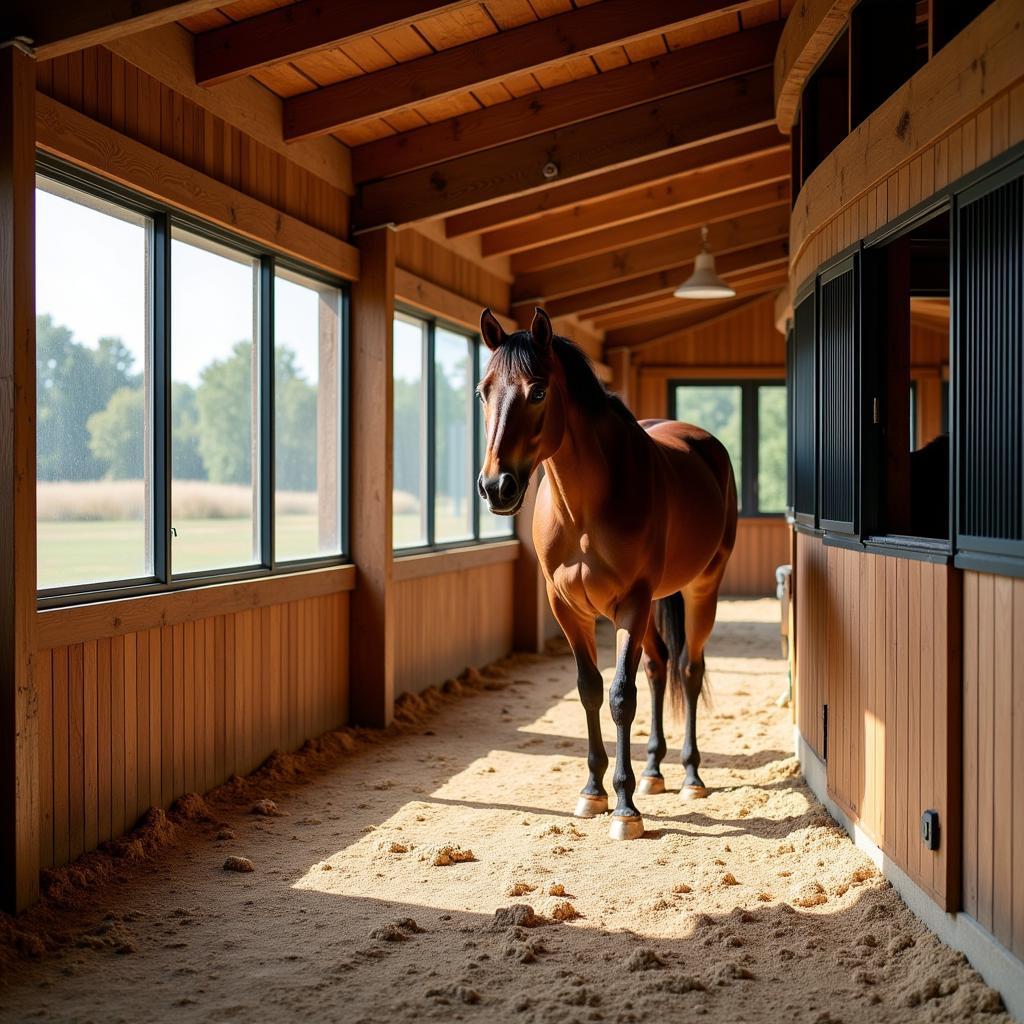 Horse stall windows allowing natural light into the stall