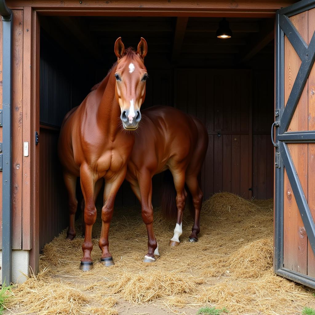 Horse in Stall with Straw Bedding