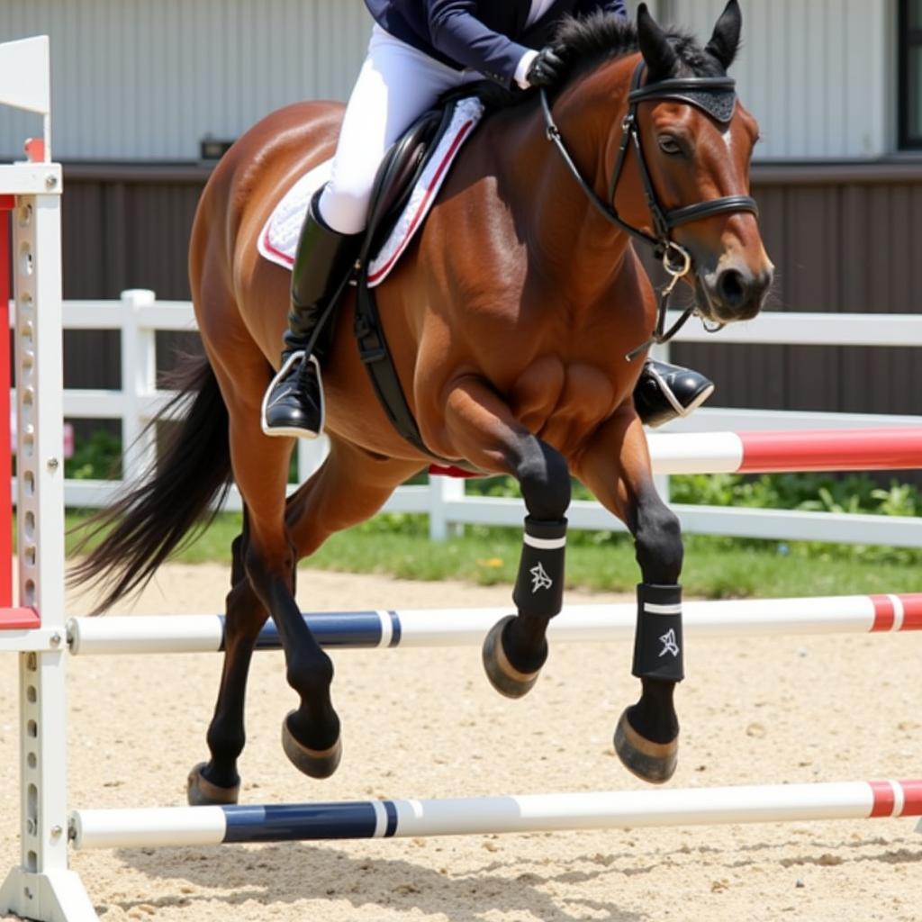 Horse tendon boots protecting a horse's legs during jumping