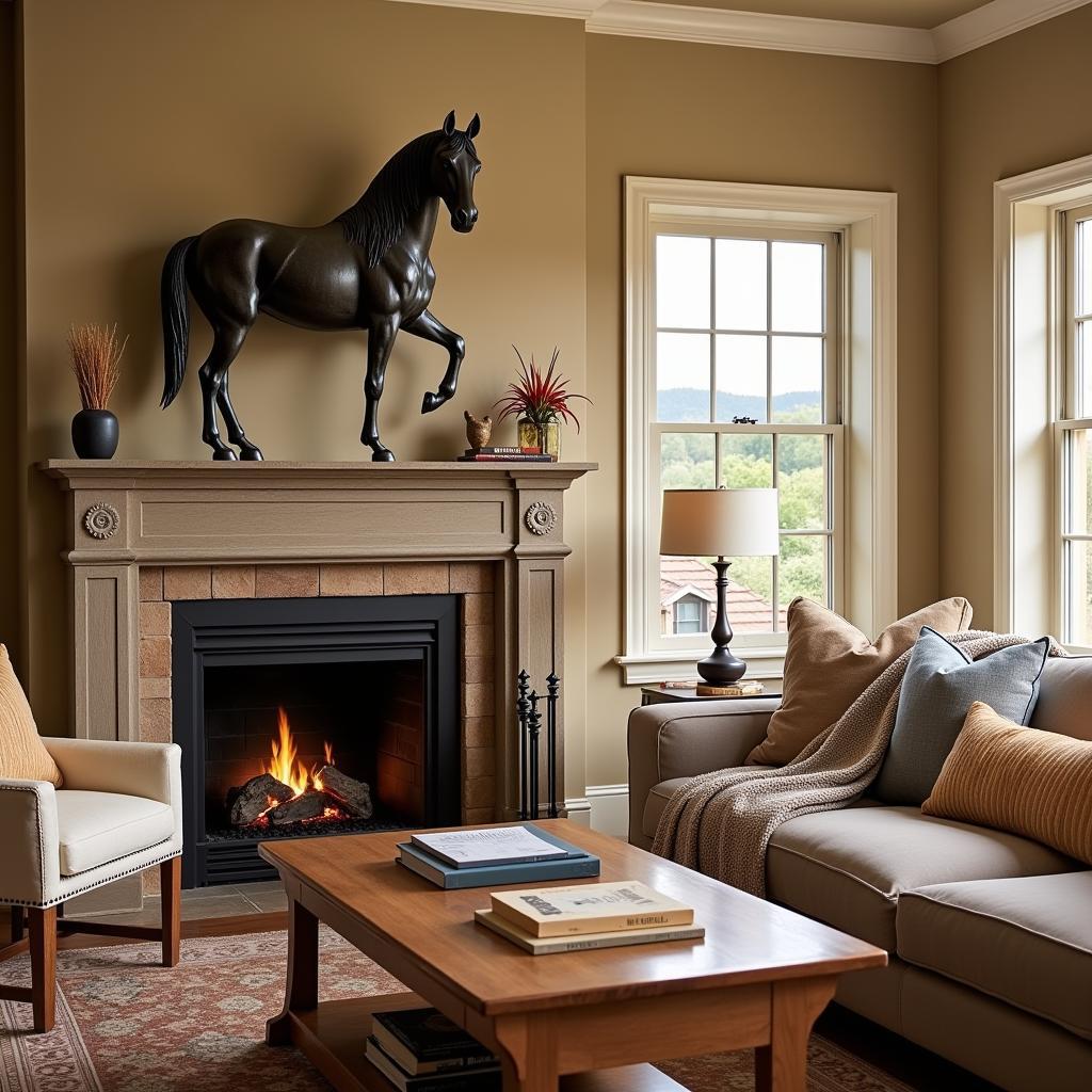 Horse-themed Living Room Decor: A cozy living room with horse-themed throw pillows, blankets, and a horse statue on the mantelpiece.