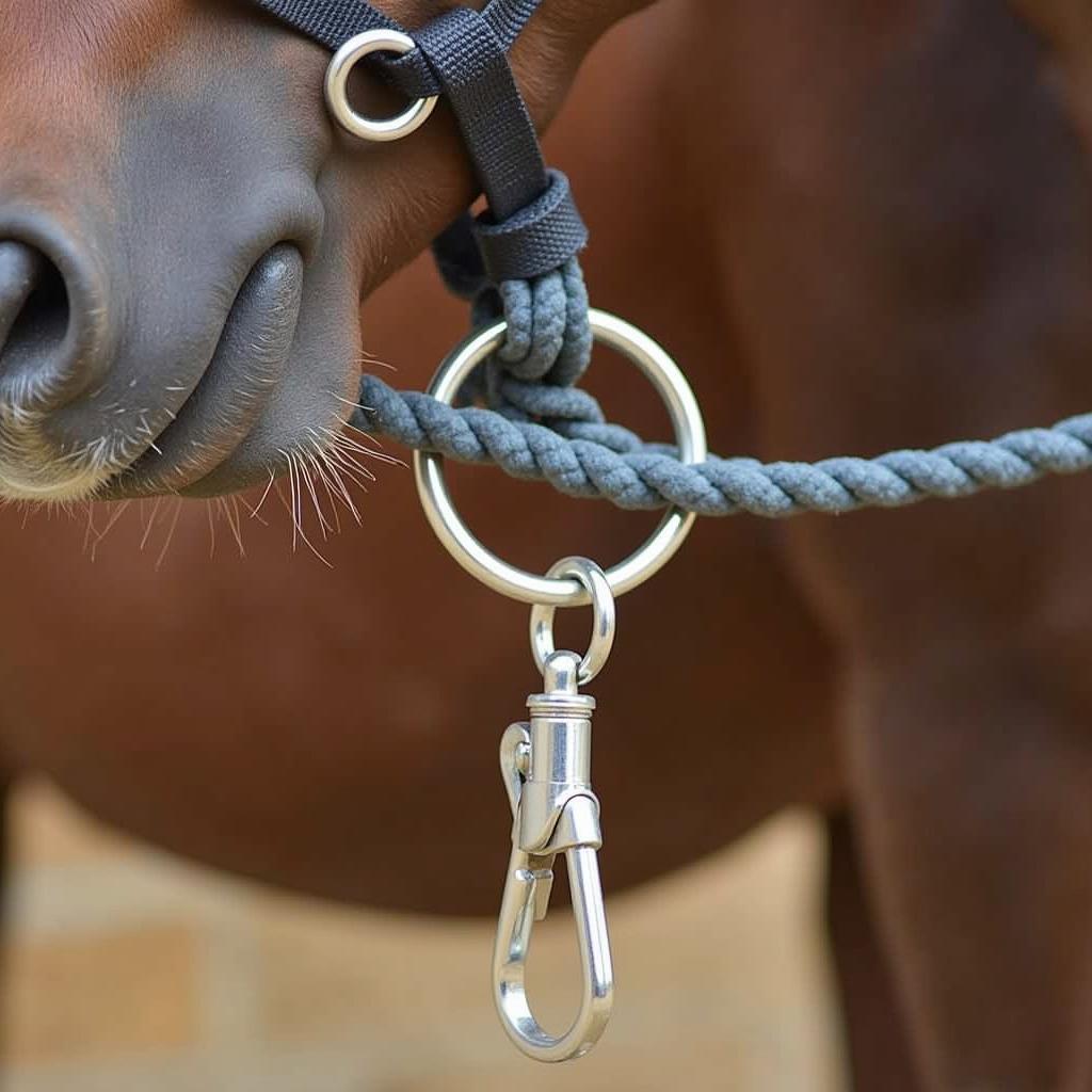 A horse tied safely with a quick-release snap on a strong ring