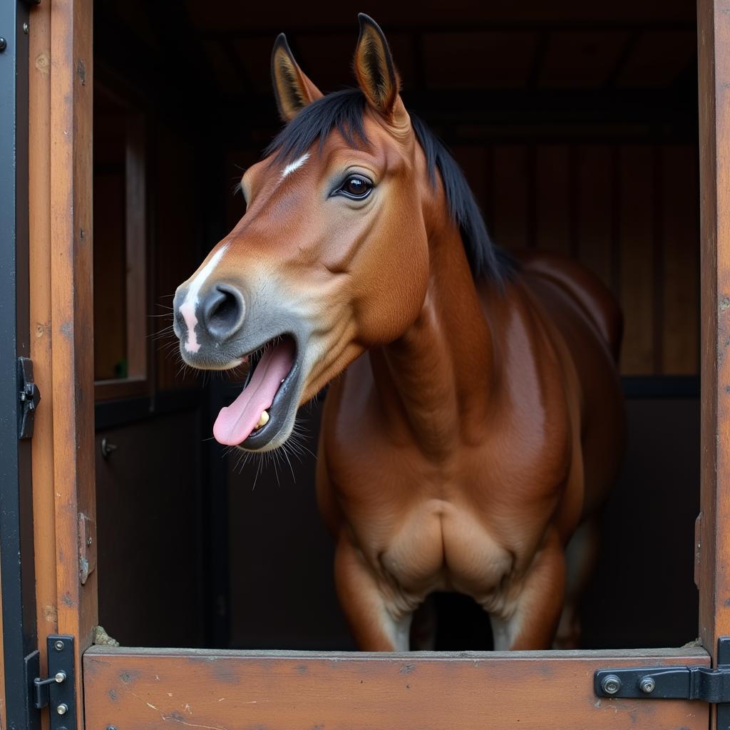 Bored Horse Sticking Tongue Out and Yawning in Stable