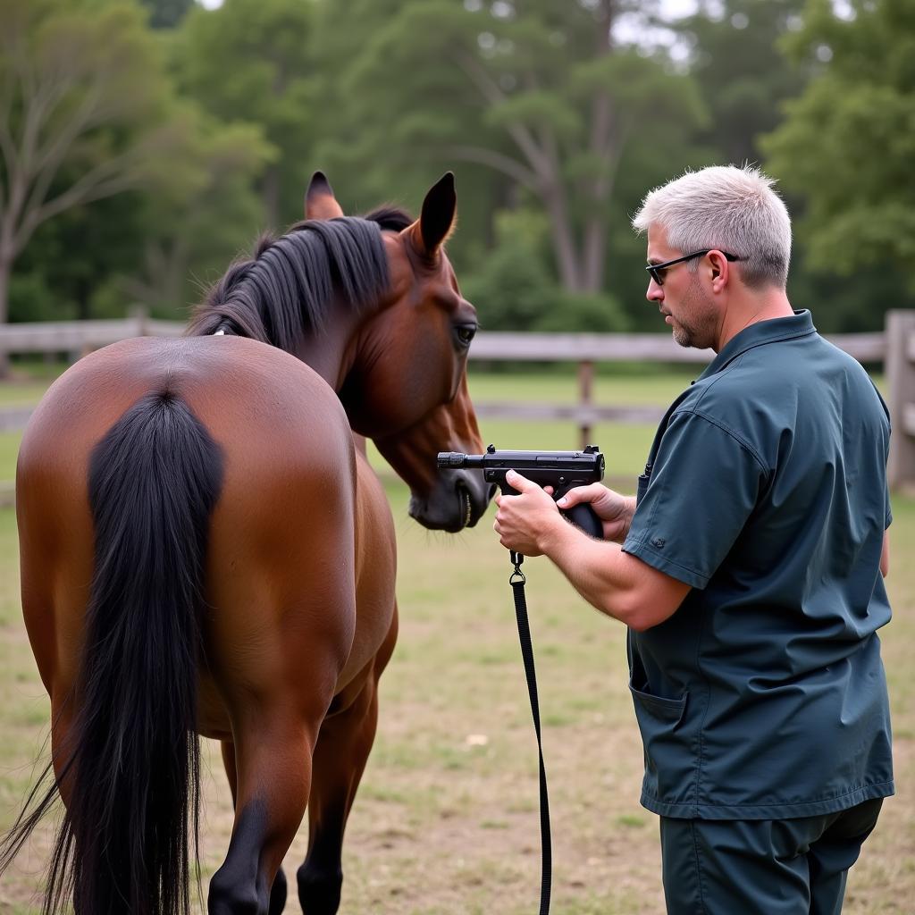 Veterinarian using a horse tranquilizer gun