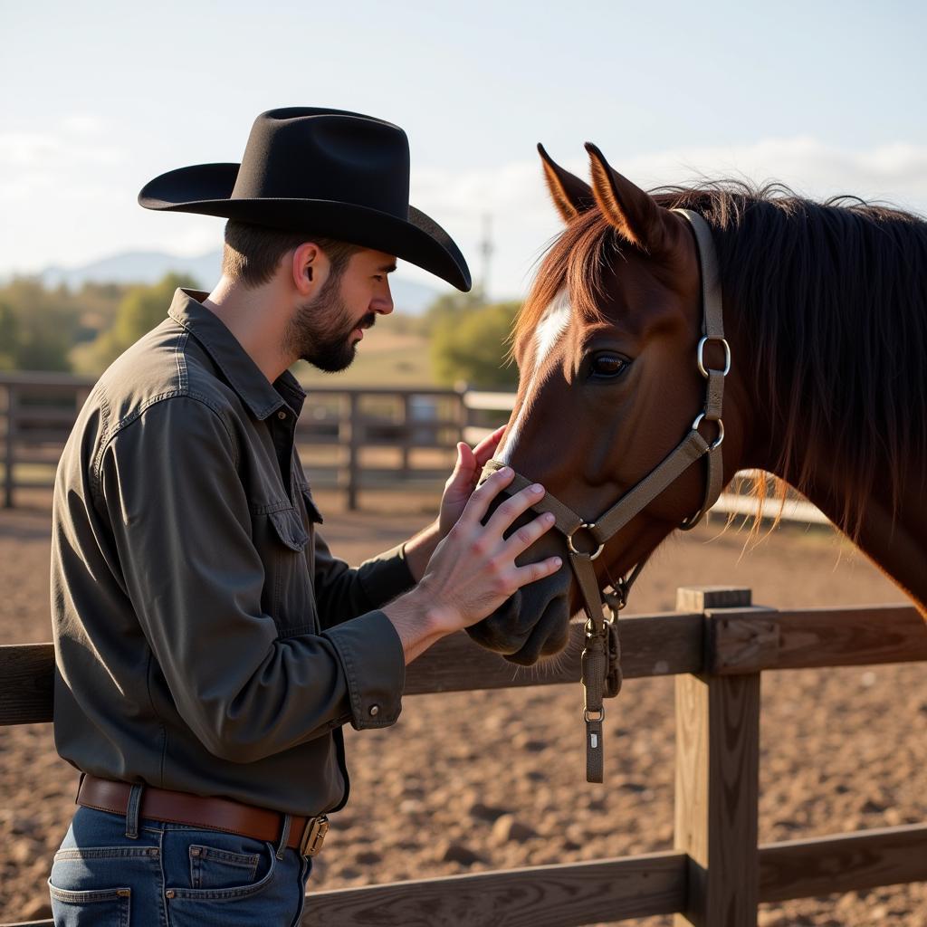 Horse Trapper Using Gentle Techniques to Calm a Horse