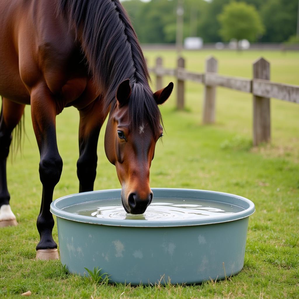 Horse Licking a Mineral Tub in Pasture