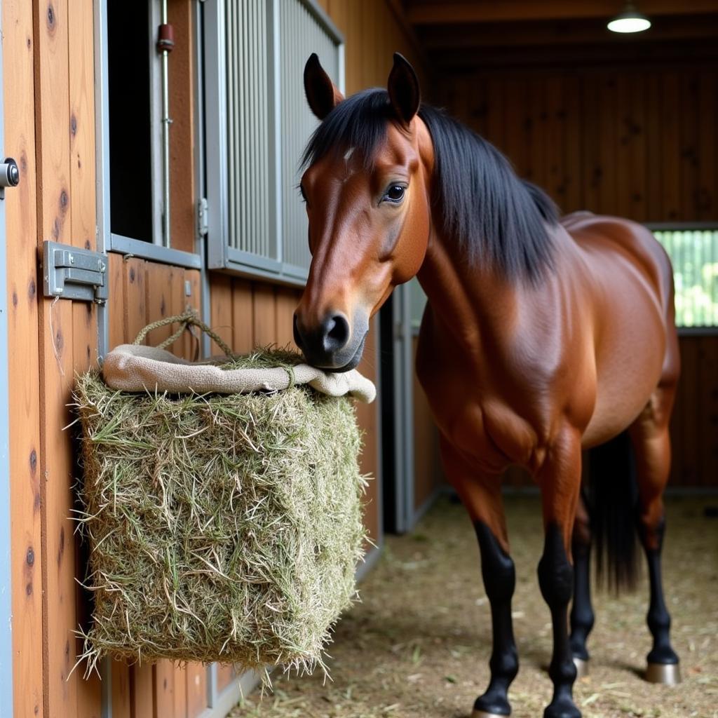 Horse eating from slow feeder hay bag in its stable