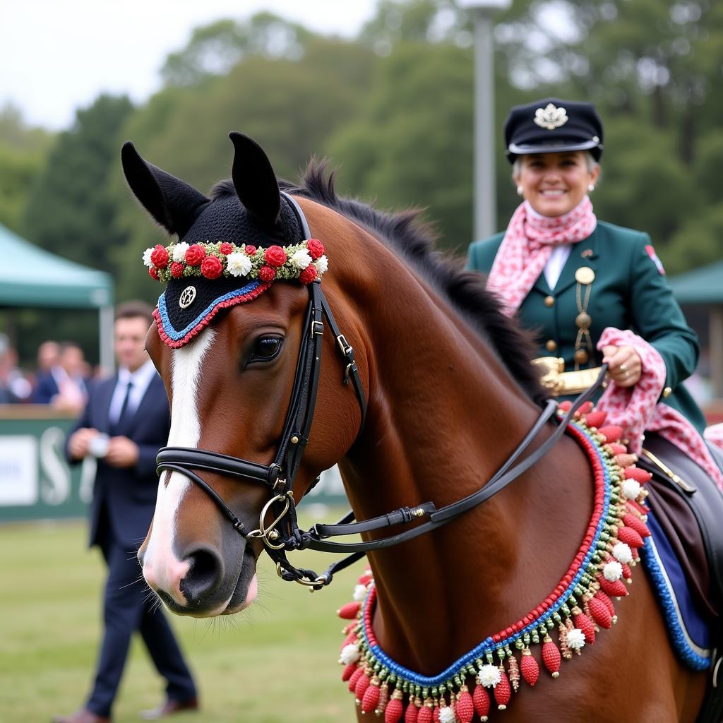 Horse wearing a beaded garland in a competition