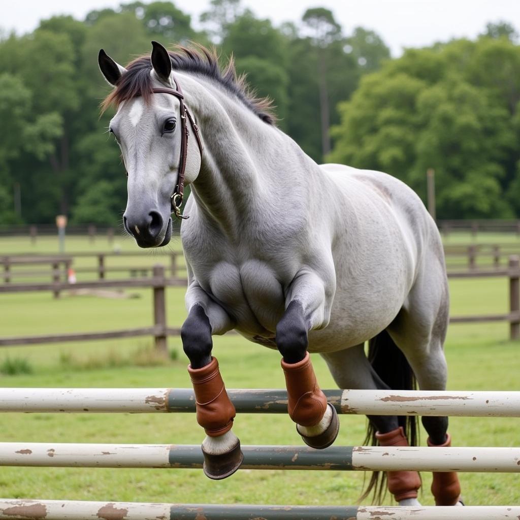 Horse Wearing Bell Boots While Jumping