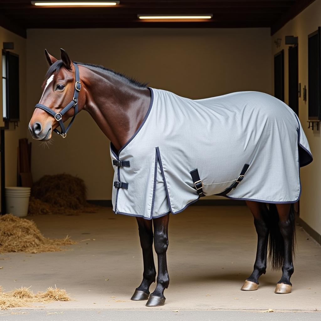 Horse wearing a cooler in the stable