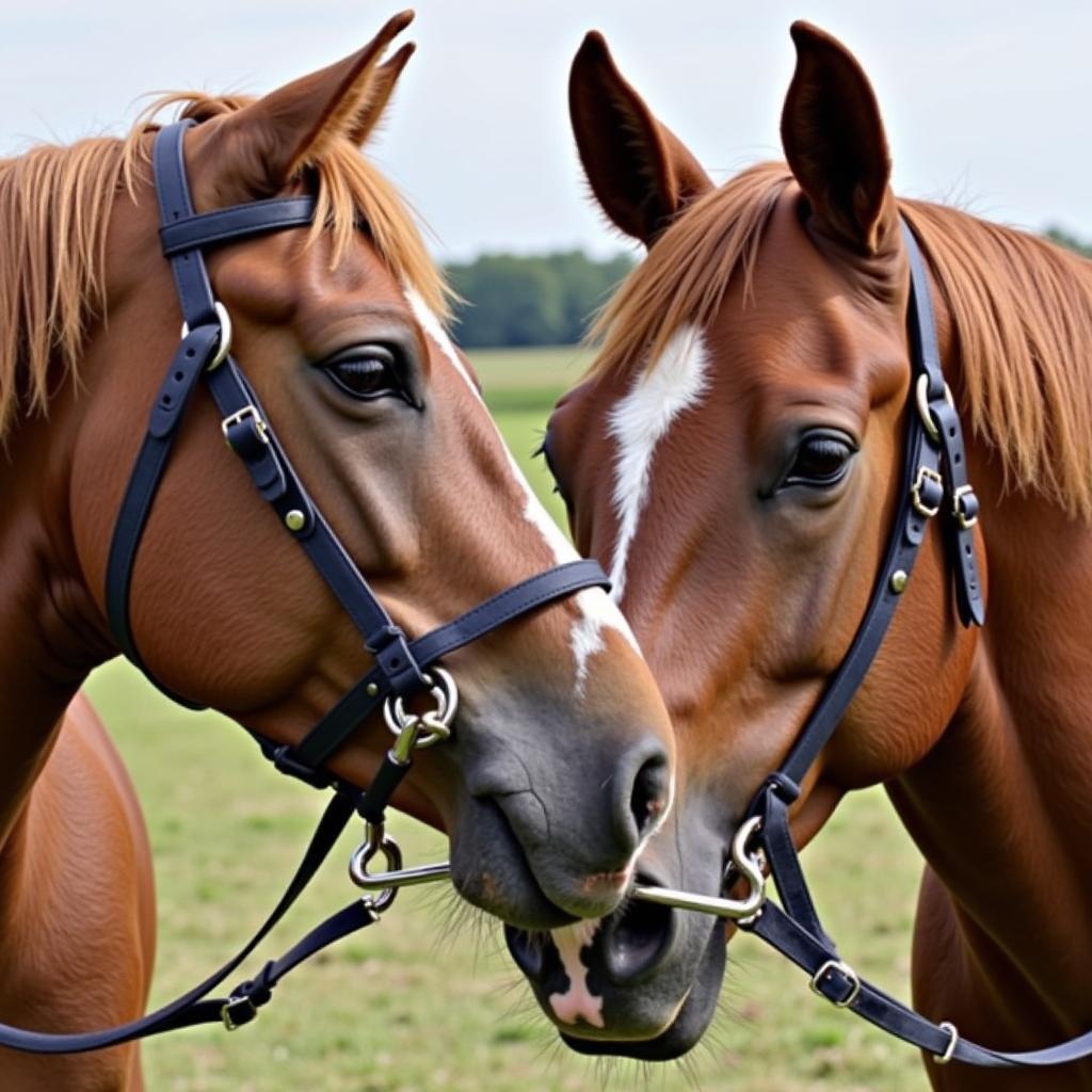 A horse wearing a copper roller bit correctly