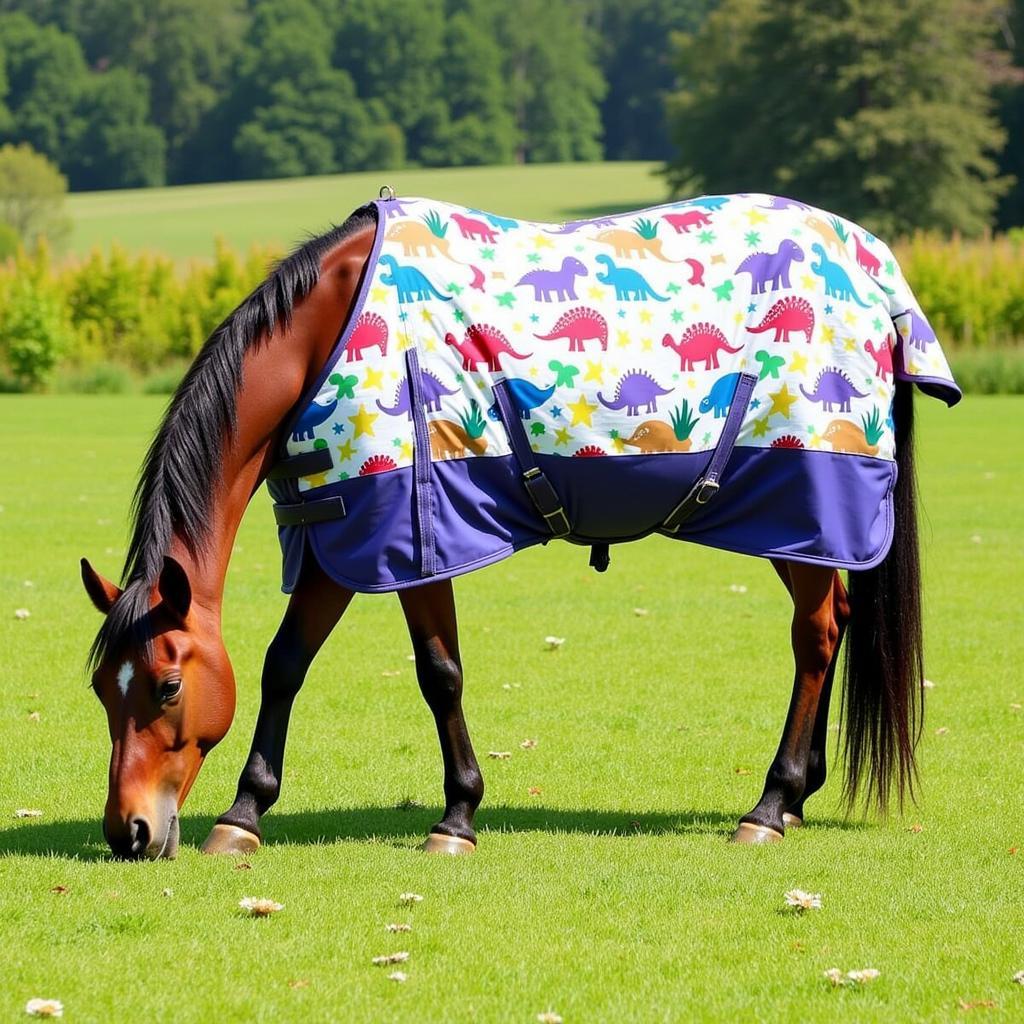 Horse Wearing Dinosaur Fly Sheet