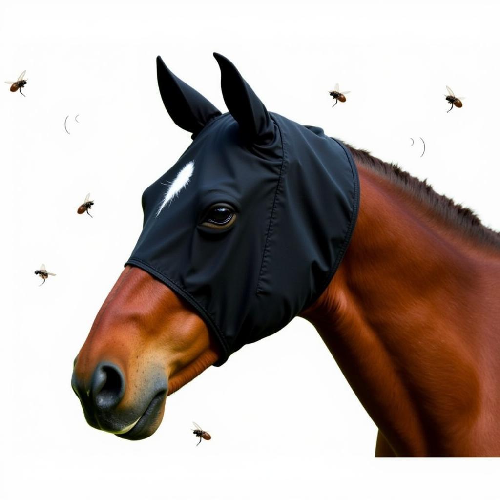 Horse wearing an ear hood for fly protection