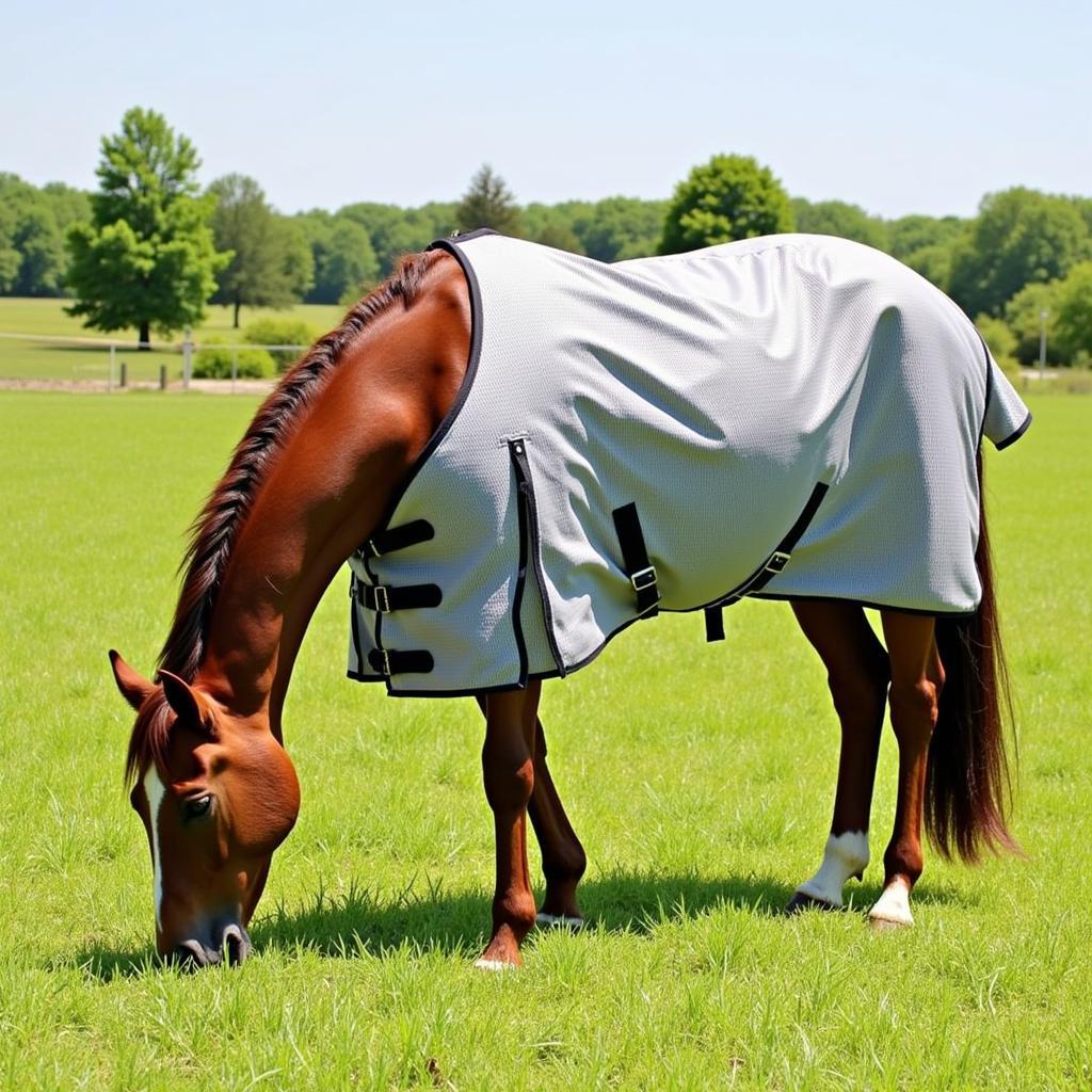 Horse Wearing Exercise Sheet in Field