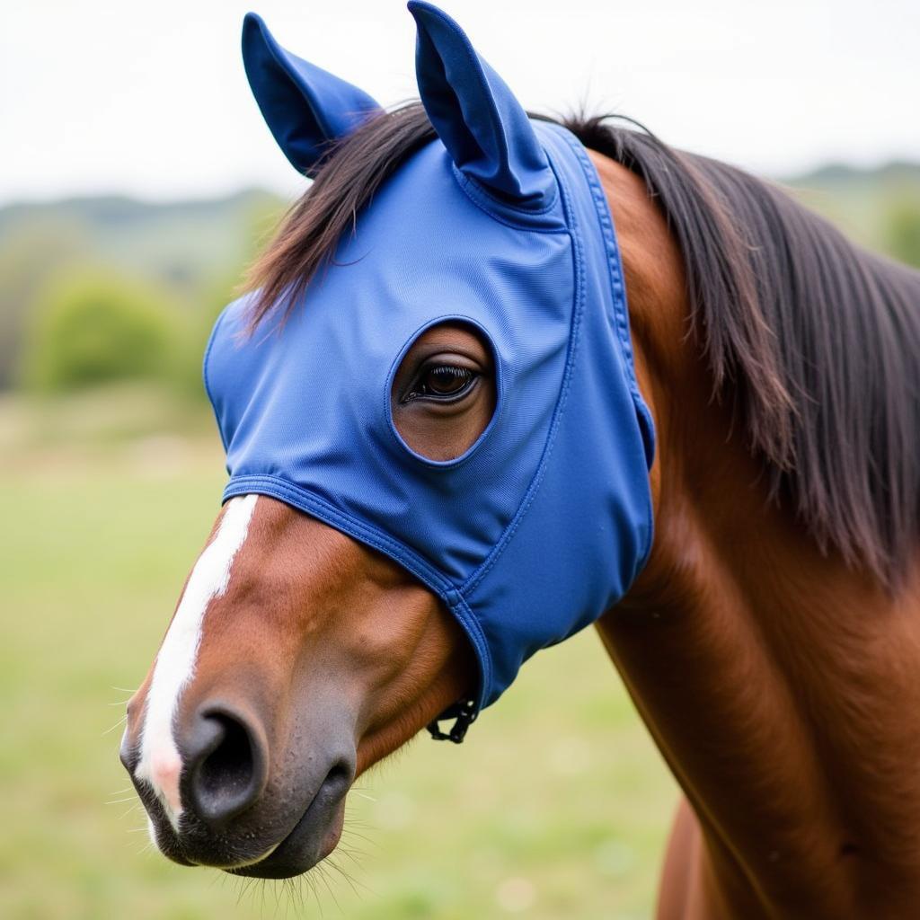 Close-up of a horse wearing a fly mask