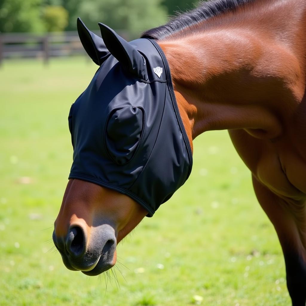 Horse Wearing a Fly Mask in a Field