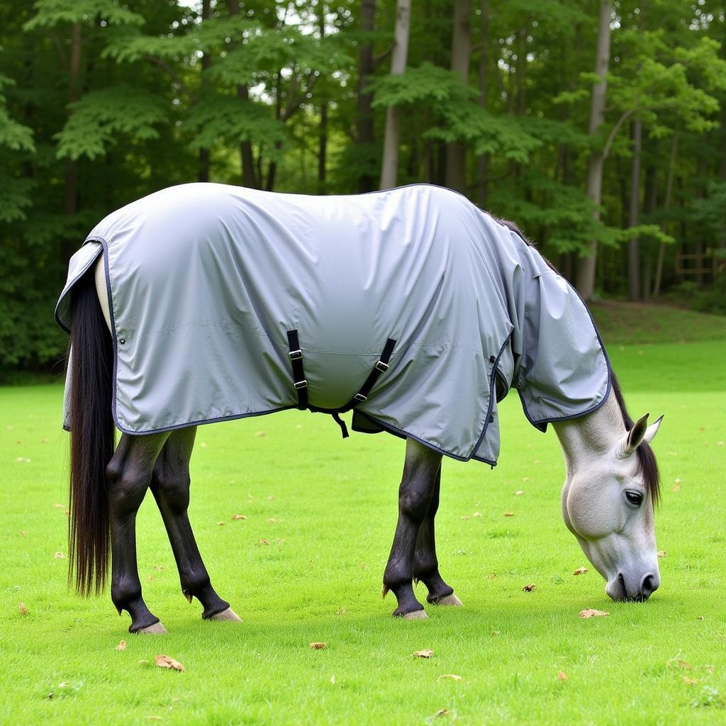 Horse protected from insects by a fly sheet in a pasture