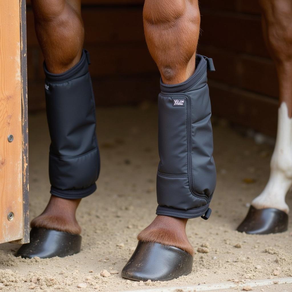 Horse wearing kick boots in a stall