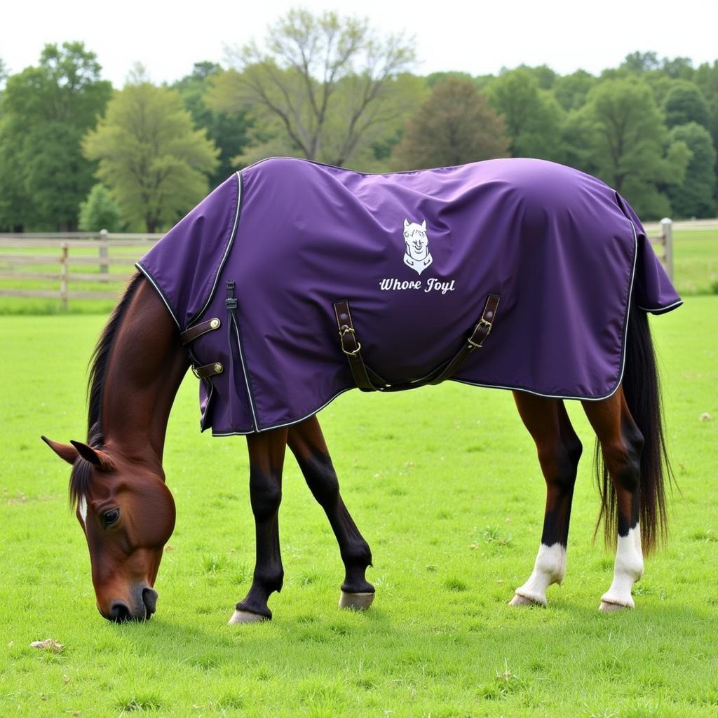 Horse Sporting a Personalized Blanket in a Field