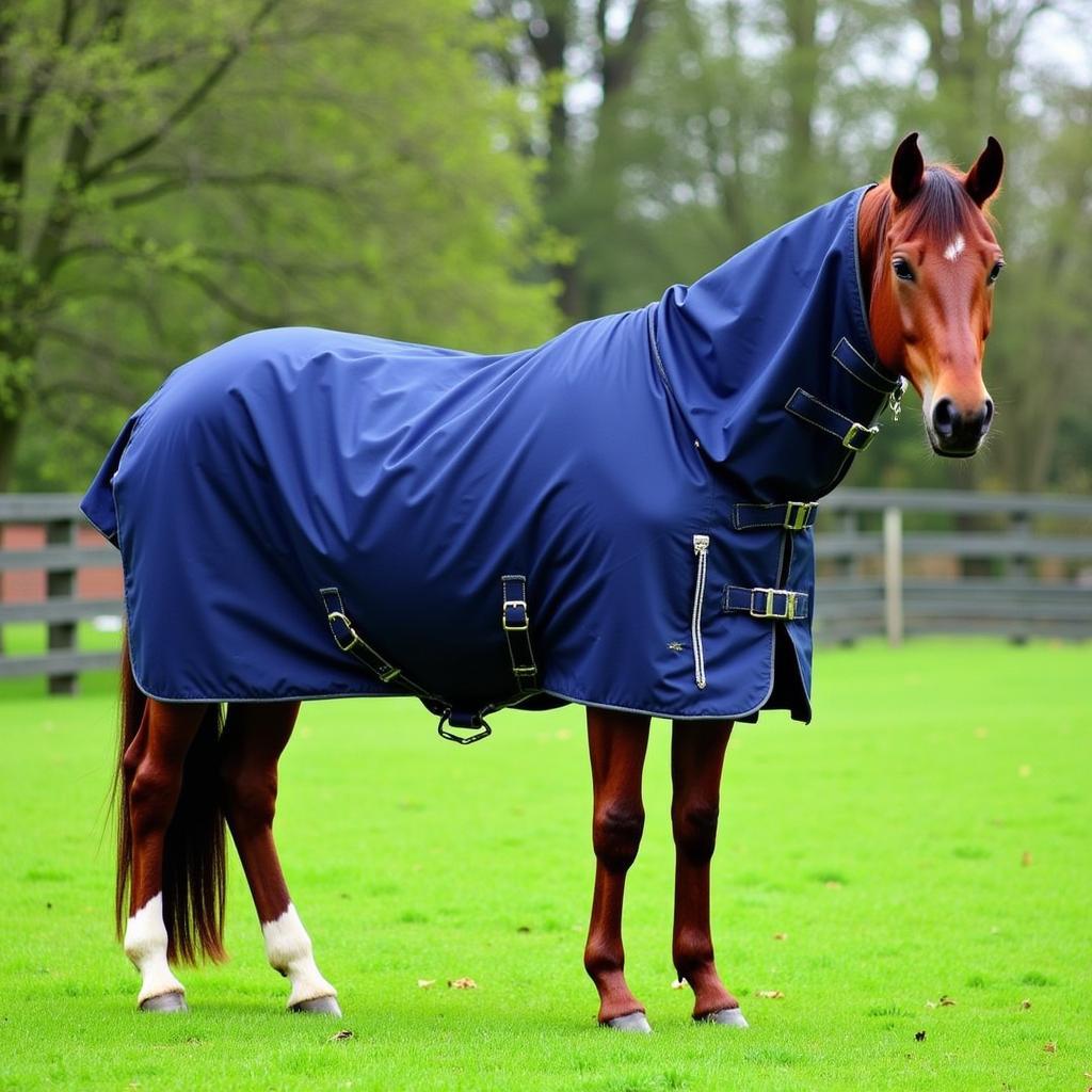 Horse wearing a rain coat in a paddock