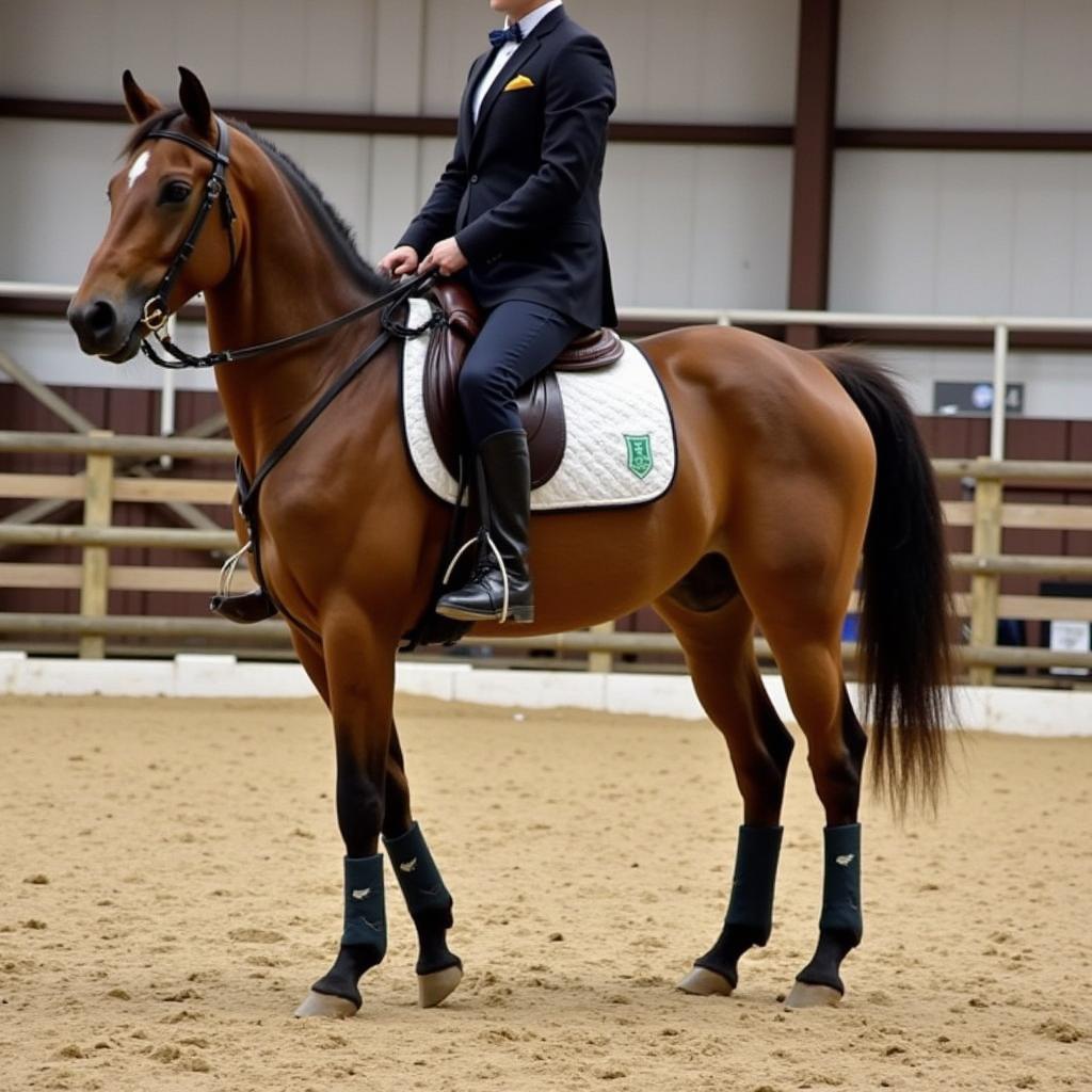 Horse wearing splint boots during a training session