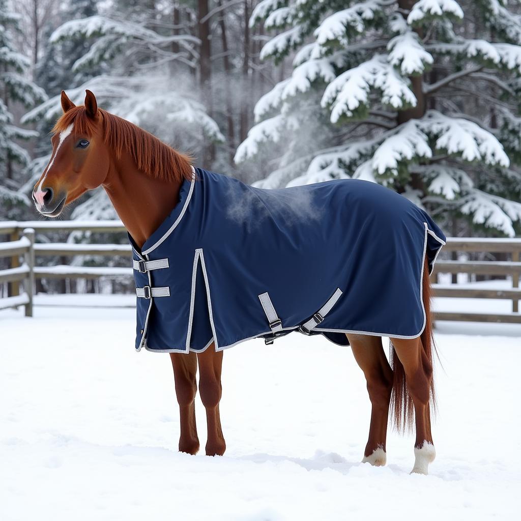 Horse wearing a winter blanket in a snowy paddock