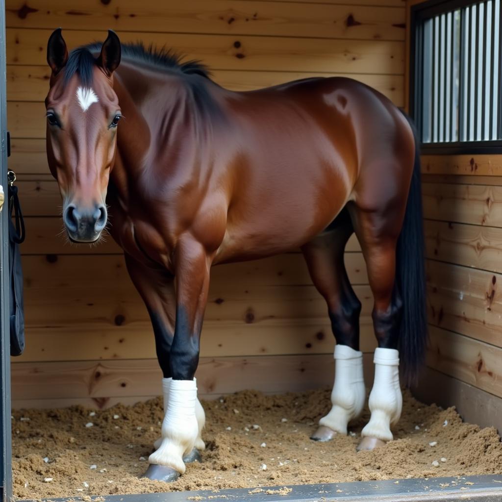 Horse with bandaged legs standing in a clean stall