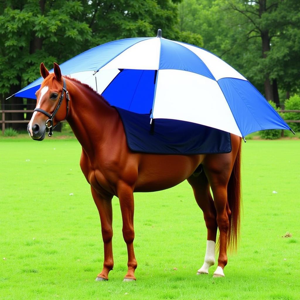 Horse with Umbrella in Field