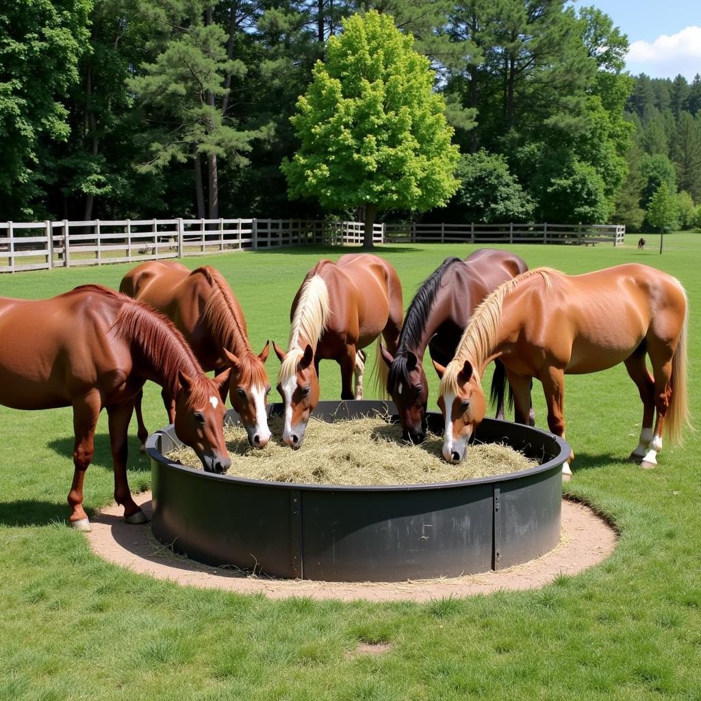 Horses Eating from a Round Hay Feeder