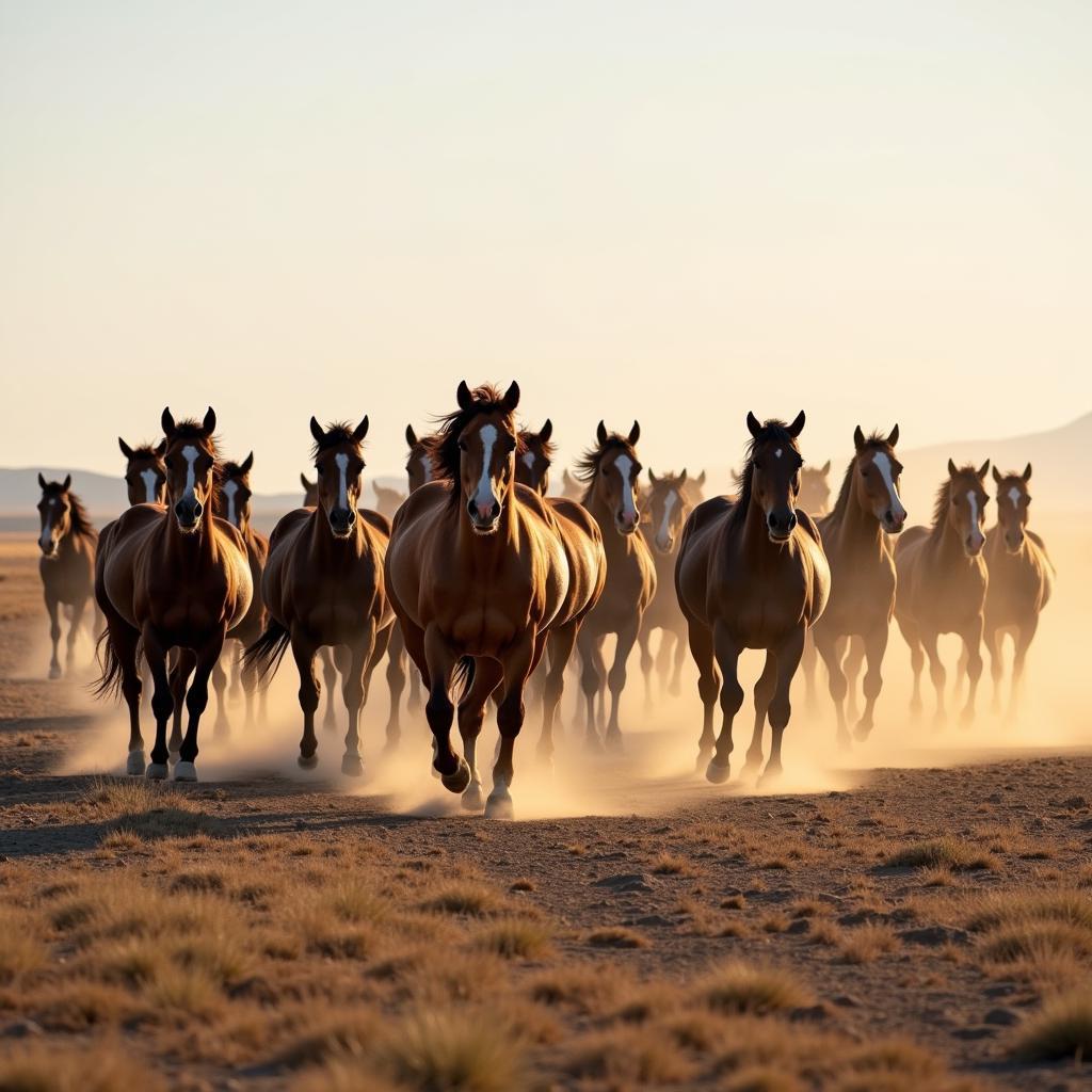 A large herd of horses running across an open field.