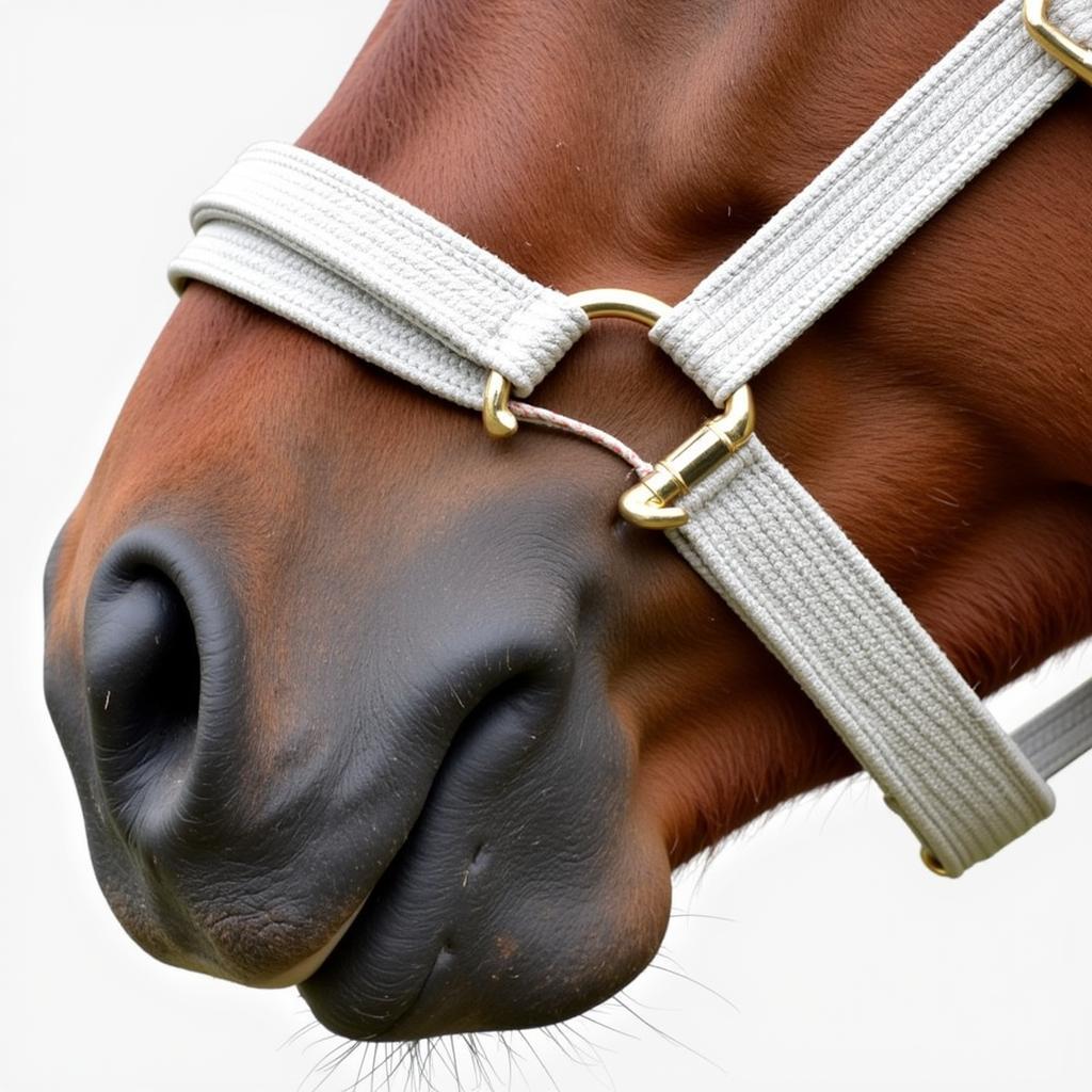 Close up of a hybrid horse halter showing the nylon webbing and rope noseband.