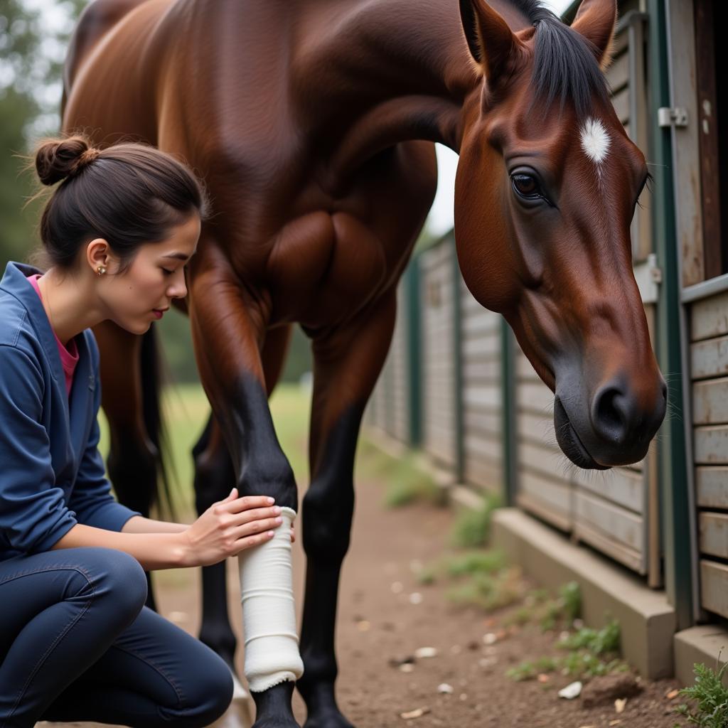 Horse with a leg injury receiving immediate response first aid