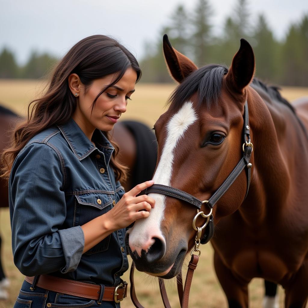 Indian Horse Breeder Examining a Mare