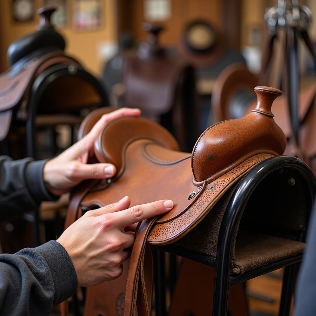 Close-up of a Person Inspecting a Used Saddle at a Consignment Shop