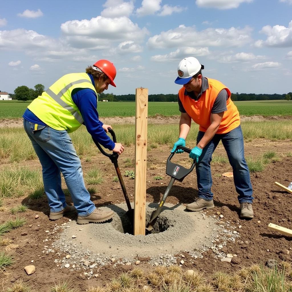 Workers installing wooden posts for a 3-rail horse fence